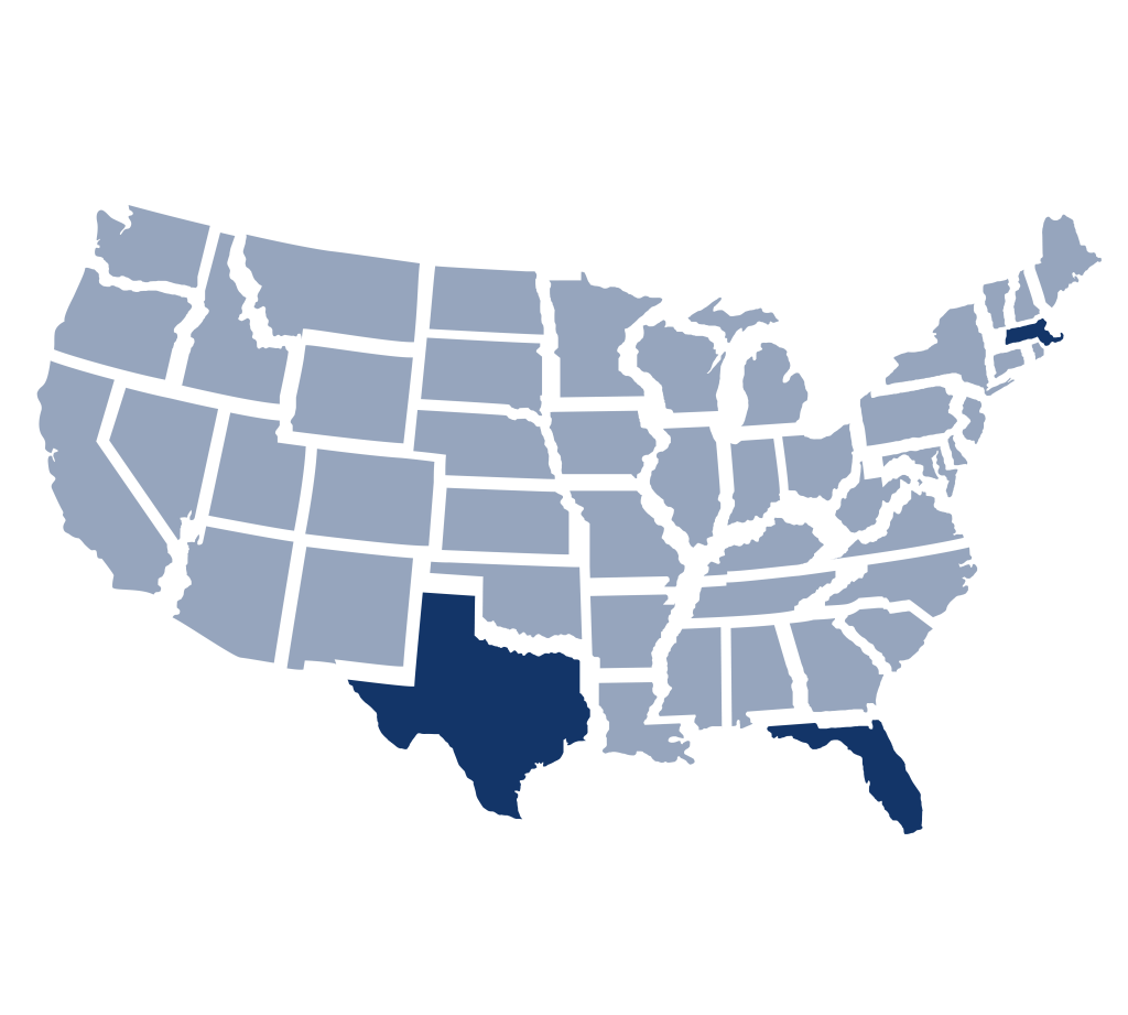 A stylized, navy blue map of the contiguous United States, showing state borders highlighting Massachusetts, Florida,Texas