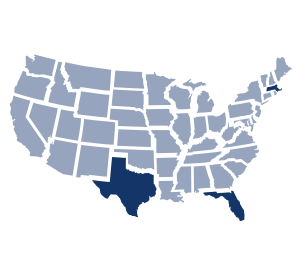 A stylized, navy blue map of the contiguous United States, showing state borders highlighting Massachusetts, Florida,Texas