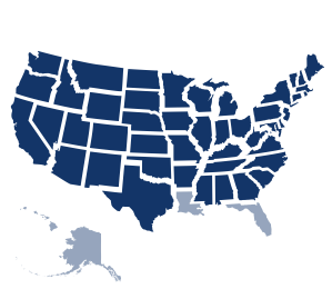 A stylized, navy blue map of the contiguous United States, showing state borders. Florida, Louisiana, Alaska, and Hawaii are not included.