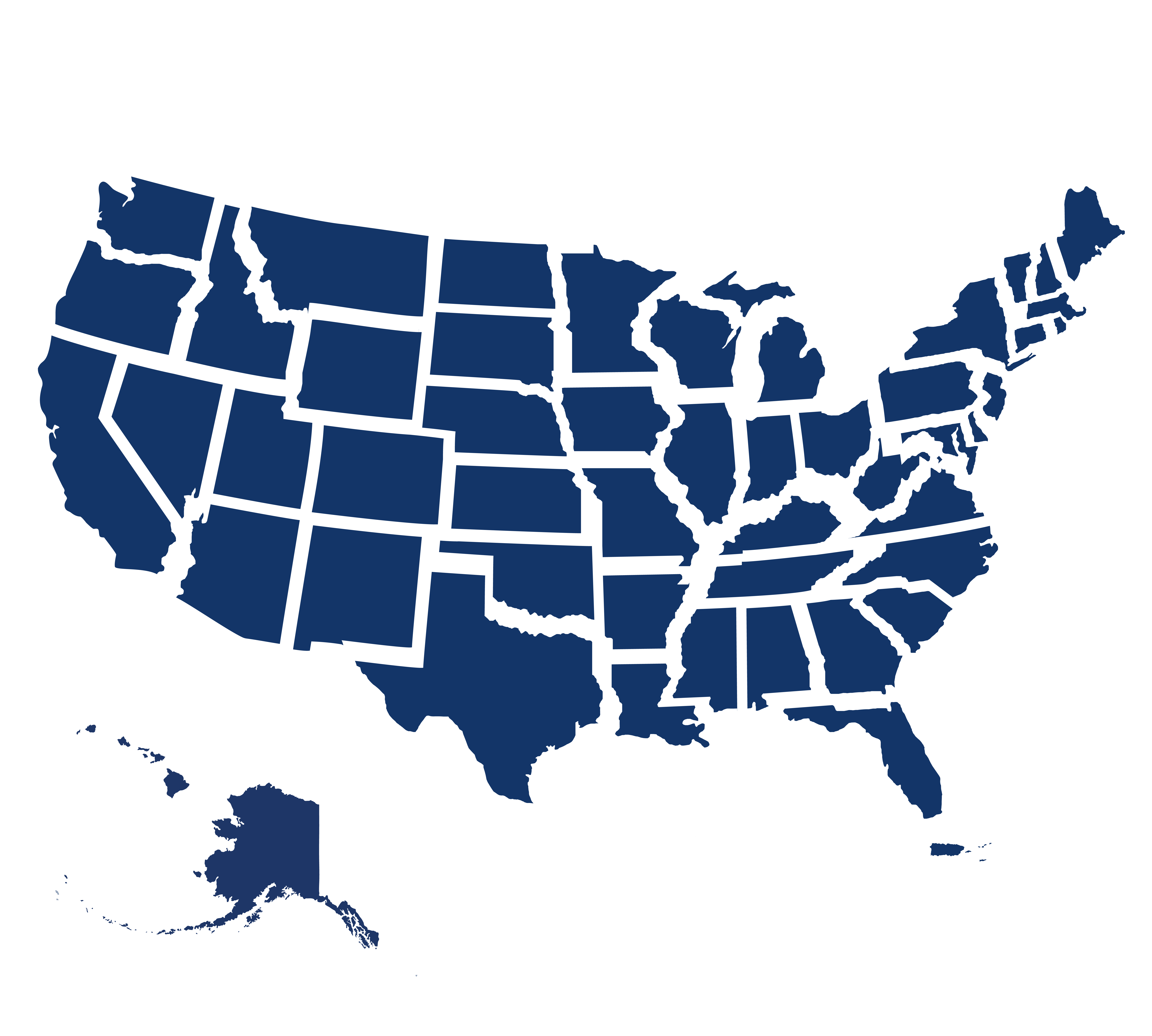 A stylized, navy blue map of the contiguous United States, showing state borders with Alaska and Hawaii.