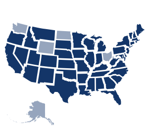 A stylized, navy blue map of the contiguous United States, showing state borders. Alaska, Washington, Wyoming, North Dakota, and Ohio are not included in the map.