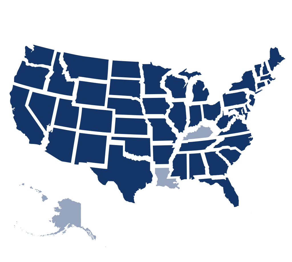 A stylized, navy blue map of the contiguous United States, showing state borders. Alaska, Hawaii, Louisiana, and Kentucky not included