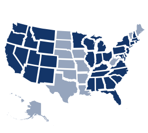 A stylized, navy blue map of the contiguous United States, showing state borders. Alaska, Hawaii, Maine, Vermont, Missouri, Louisiana, Arkansas, North Dakota, South Dakota, Nebraska, Kansas, and Oklahoma, are not included in this map.