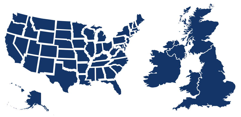 A dark blue map of the United States on the left, with individual states outlined. On the right, a dark blue map of Ireland and the United Kingdom, with their respective borders outlined.