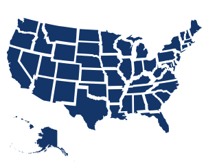 A stylized, navy blue map of the contiguous United States, showing state borders with Alaska and Hawaii.