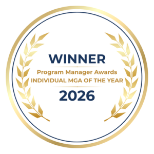 Award badge declaring 'WINNER' of the 2026 Program Manager Awards — Individual MGA of the Year, with gold laurel rings.